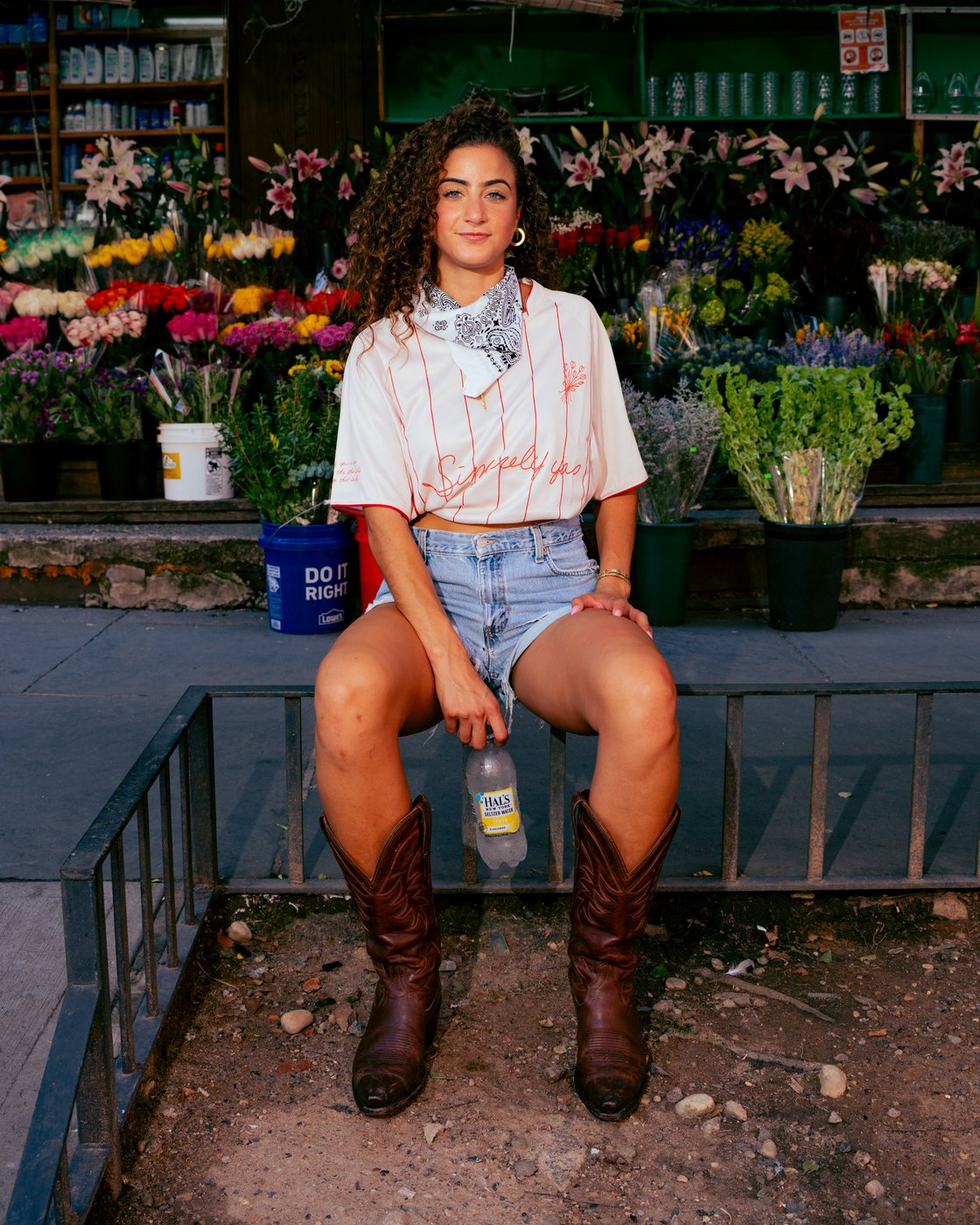Wearing the cream Sincerely Yas jersey at a flower stand in New York